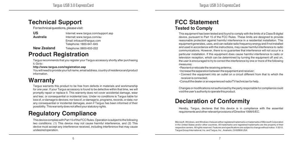 Regulatory compliance, Technical support, Product registration | Warranty, Fcc statement, Declaration of conformity, Tested to comply, Targus usb 3.0 expresscard | Targus USB 3.0 ExpressCard 410-2207-001A User Manual | Page 4 / 4