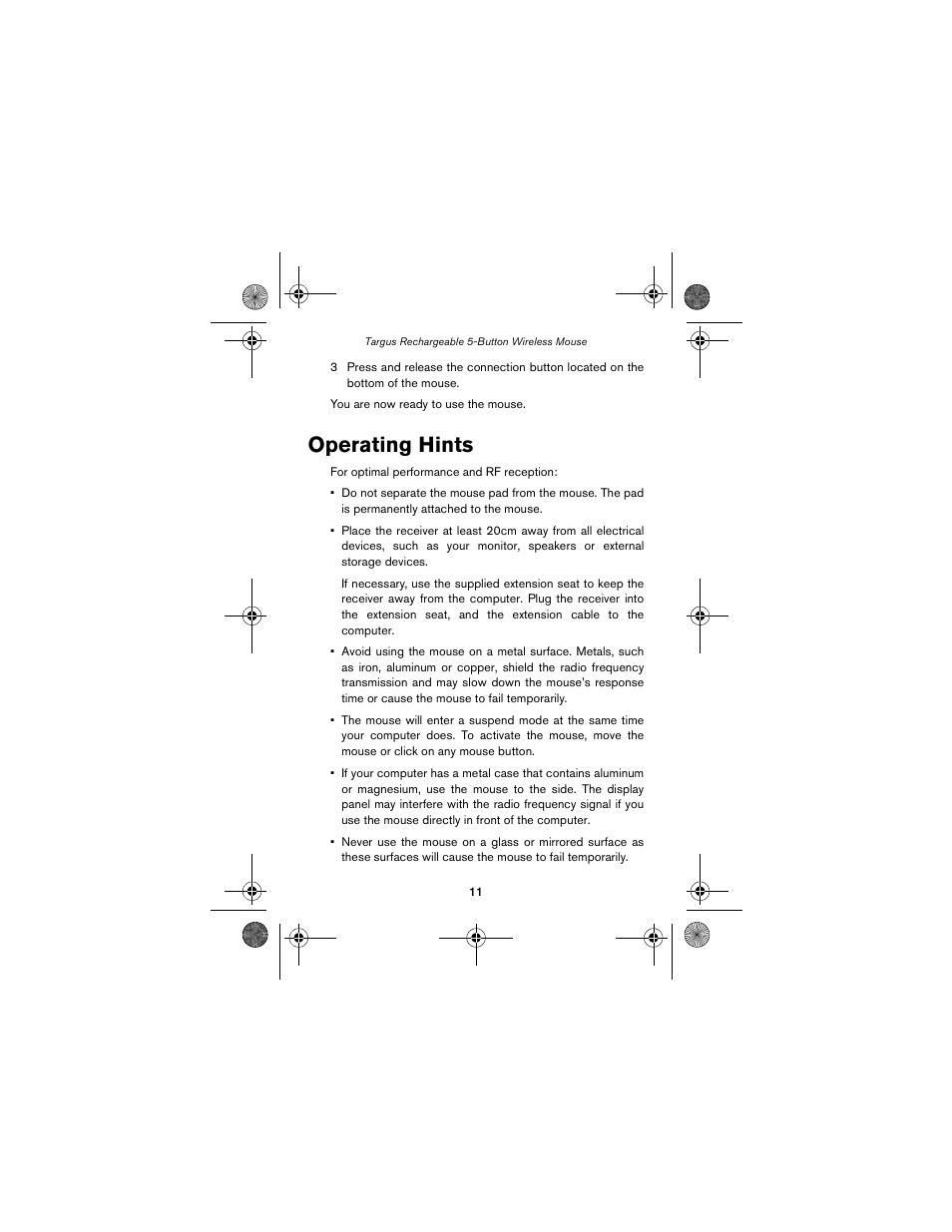 Operating hints | Targus wireless mouse User Manual | Page 11 / 94