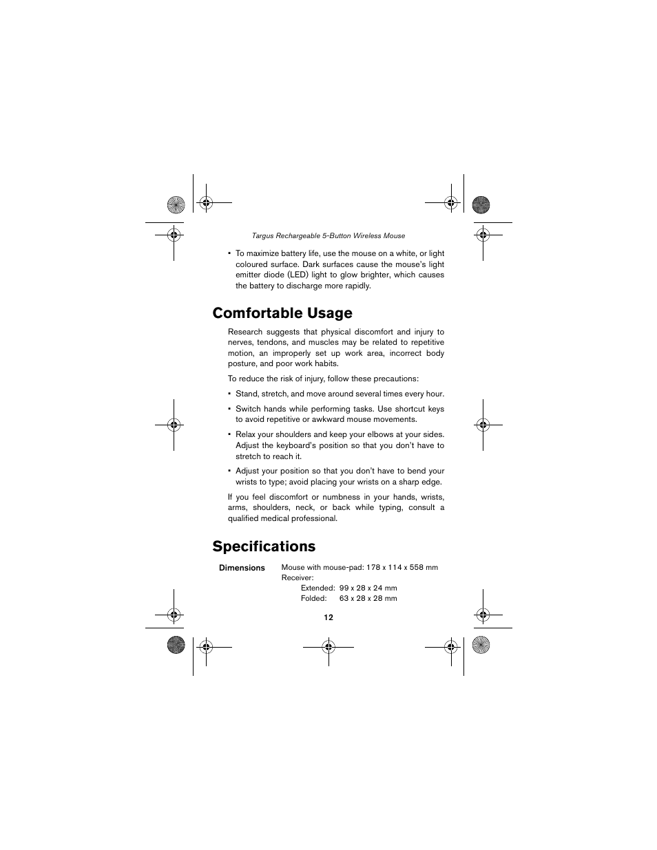 Comfortable usage specifications, Comfortable usage, Specifications | Targus wireless mouse User Manual | Page 12 / 94