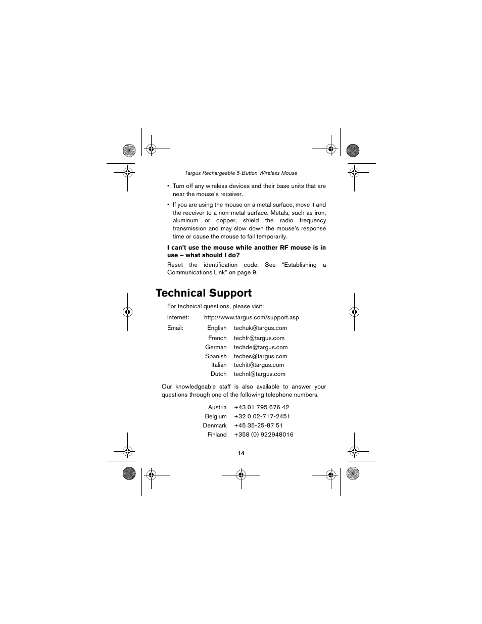 Technical support | Targus wireless mouse User Manual | Page 14 / 94