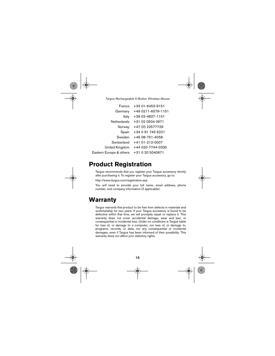 Product registration warranty, Product registration, Warranty | Targus wireless mouse User Manual | Page 15 / 94