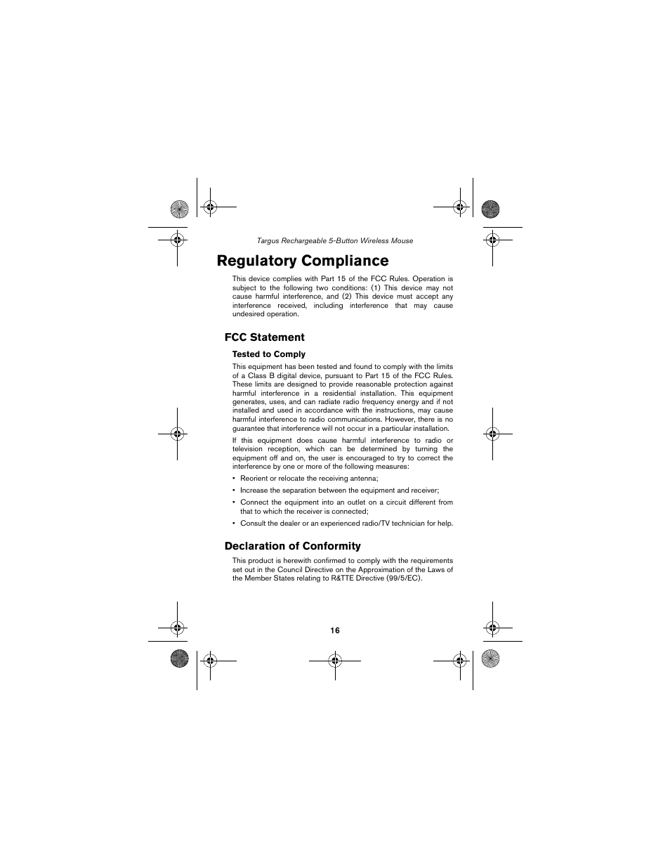 Regulatory compliance | Targus wireless mouse User Manual | Page 16 / 94