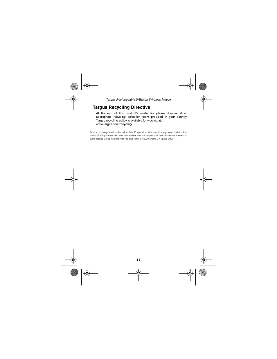 Targus recycling directive | Targus wireless mouse User Manual | Page 17 / 94