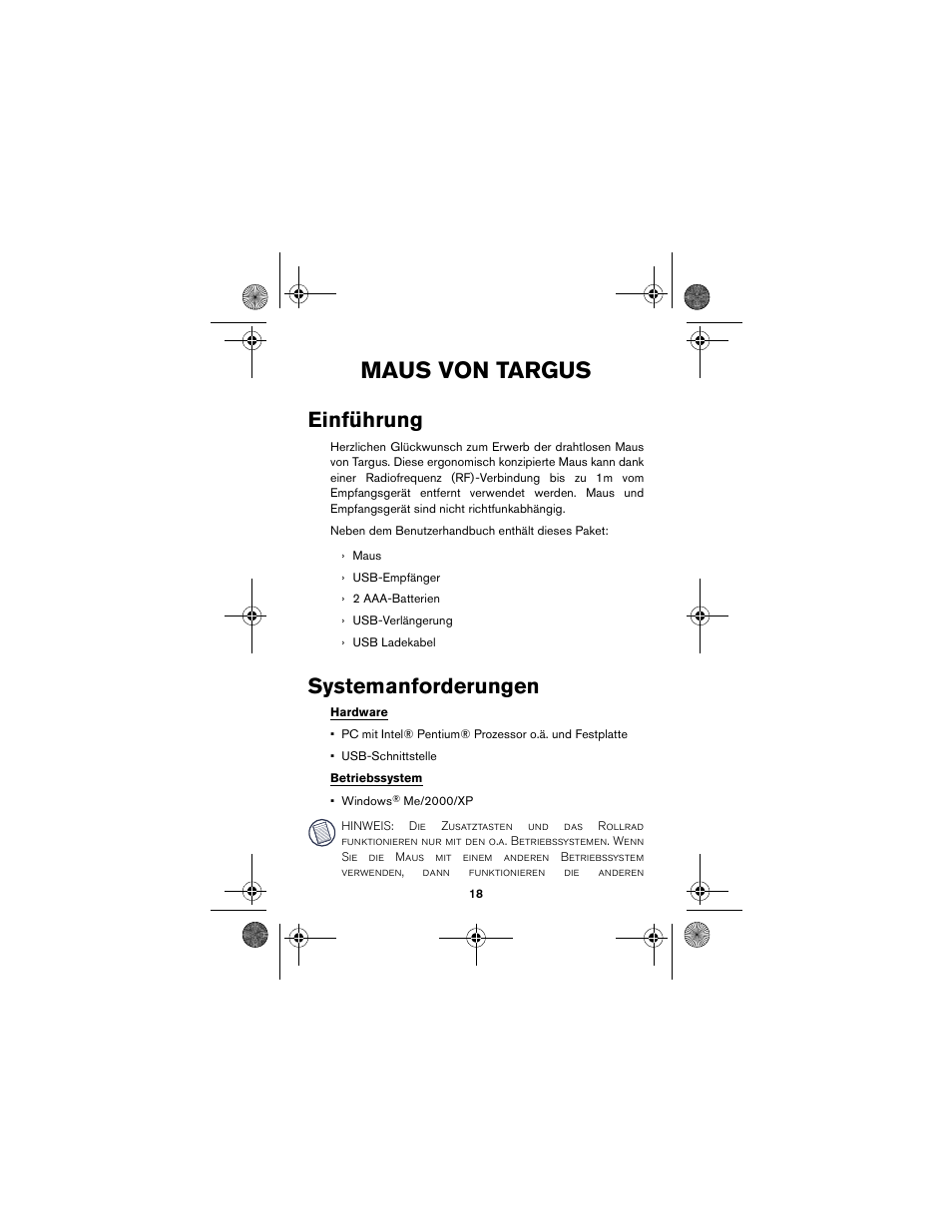 Systemanforderungen, Maus von targus, Einführung | Targus wireless mouse User Manual | Page 18 / 94