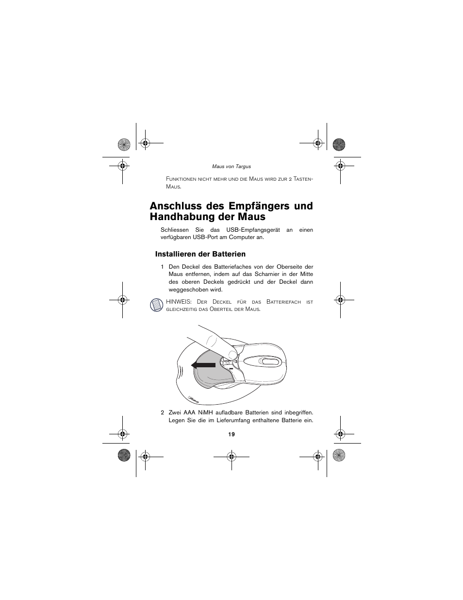 Anschluss des empfängers und handhabung der maus | Targus wireless mouse User Manual | Page 19 / 94