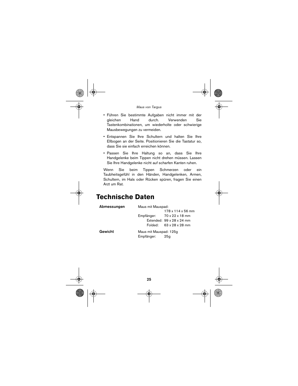 Technische daten | Targus wireless mouse User Manual | Page 25 / 94