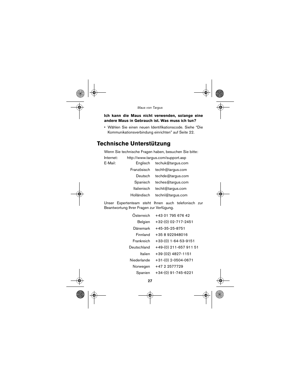 Technische unterstützung | Targus wireless mouse User Manual | Page 27 / 94