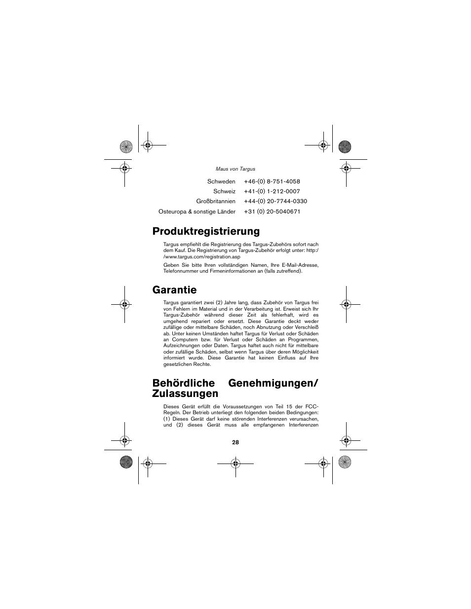 Produktregistrierung, Garantie, Behördliche genehmigungen/ zulassungen | Targus wireless mouse User Manual | Page 28 / 94