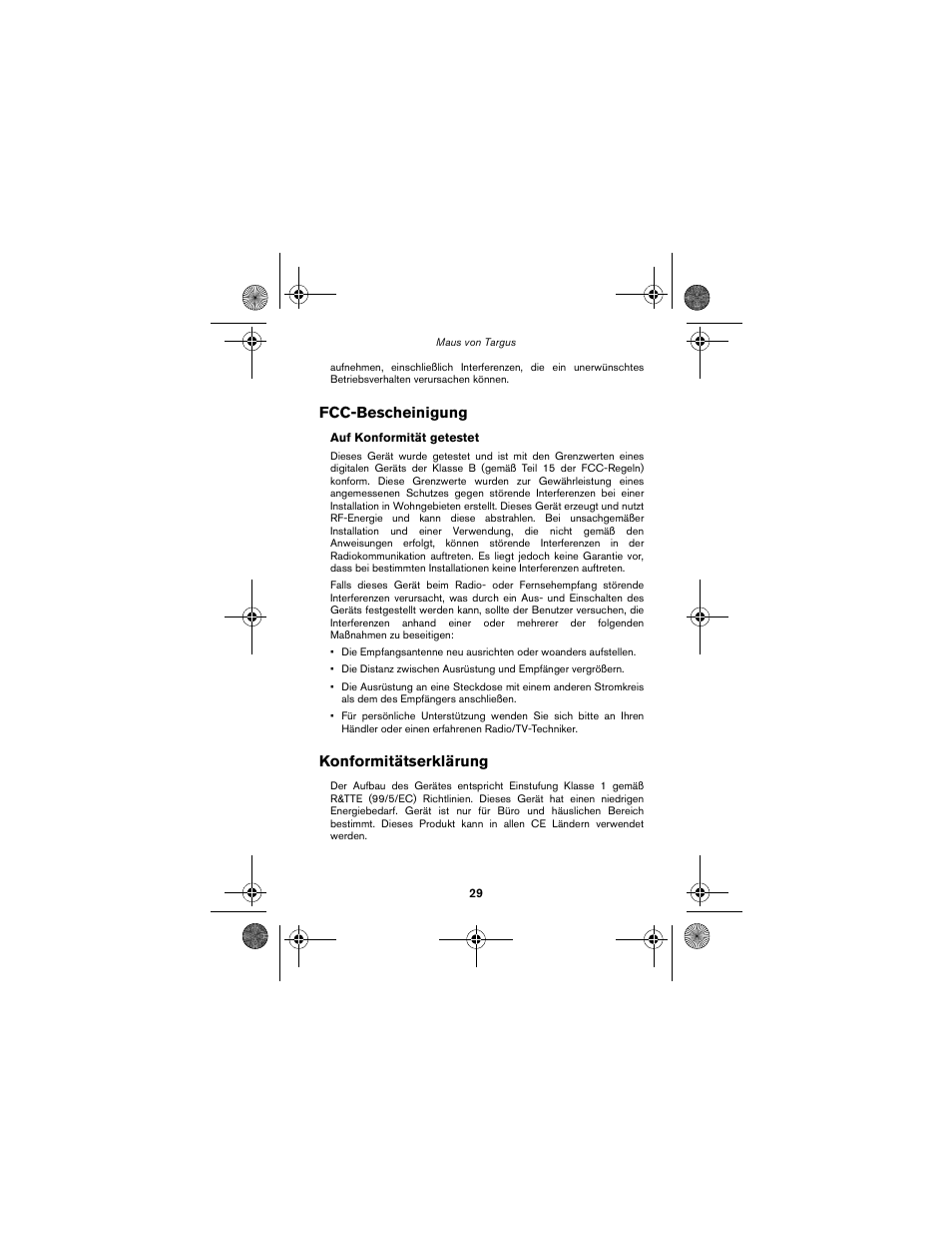 Fcc-bescheinigung, Konformitätserklärung | Targus wireless mouse User Manual | Page 29 / 94
