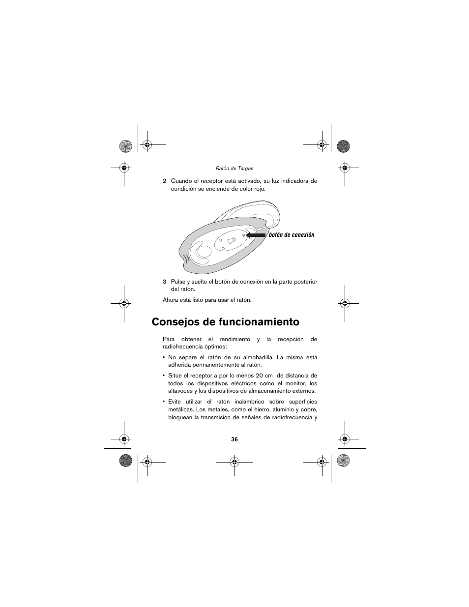 Consejos de funcionamiento | Targus wireless mouse User Manual | Page 36 / 94