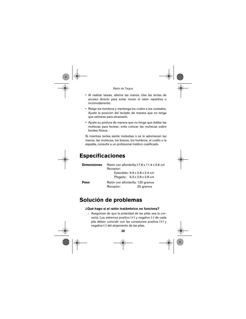 Especificaciones solución de problemas | Targus wireless mouse User Manual | Page 38 / 94