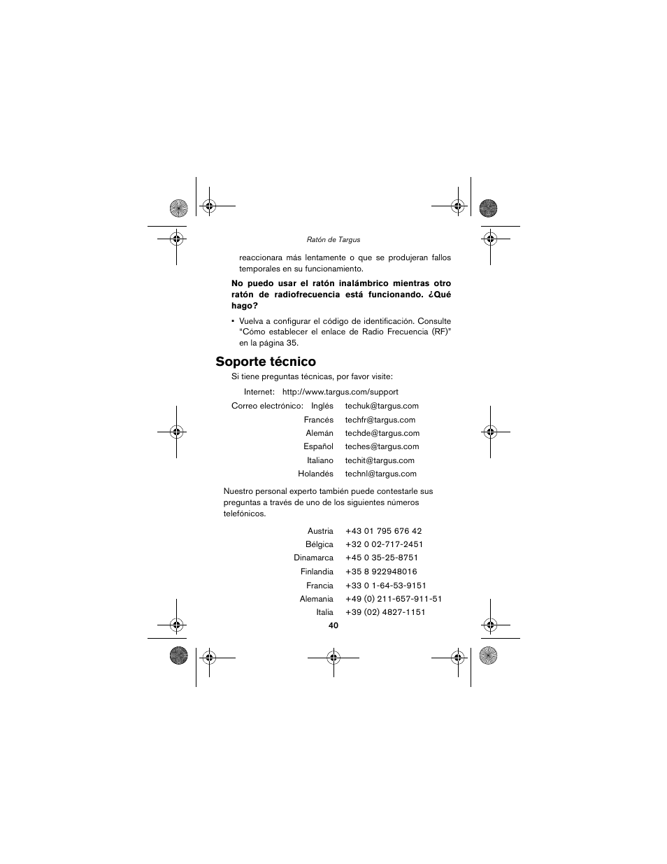 Soporte técnico | Targus wireless mouse User Manual | Page 40 / 94