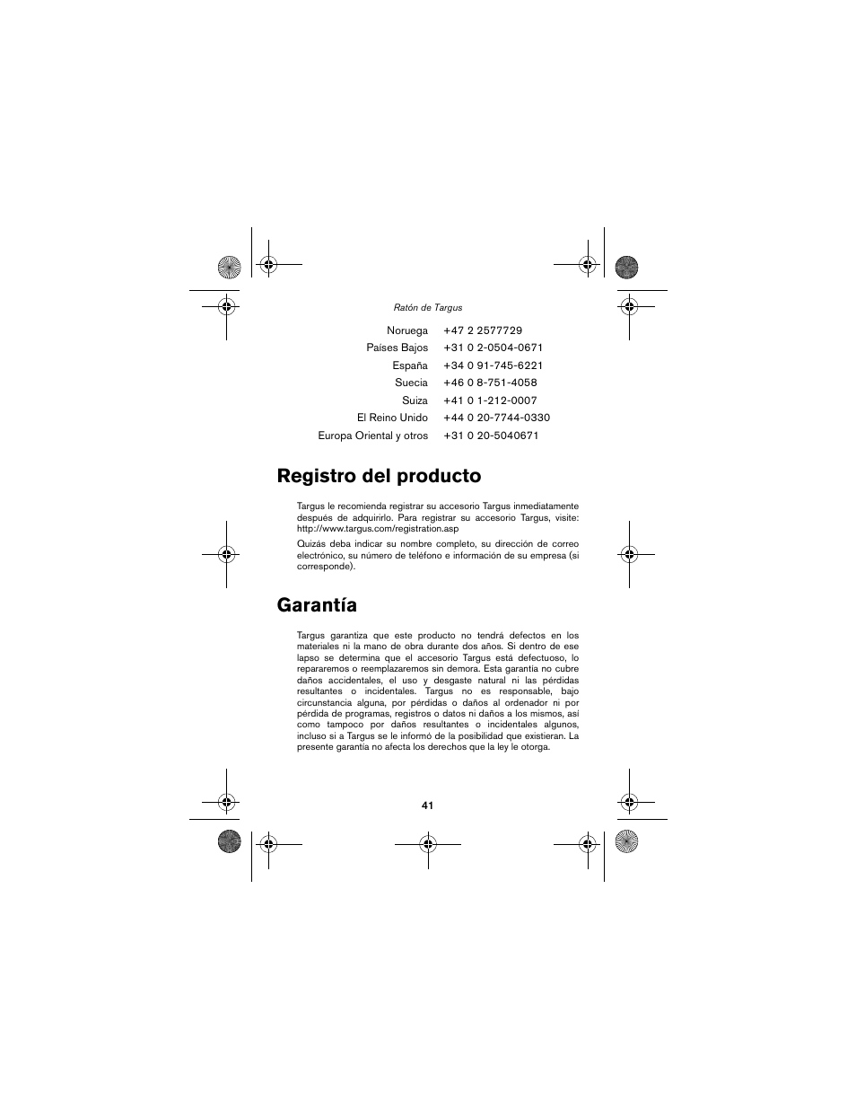 Registro del producto garantía, Registro del producto, Garantía | Targus wireless mouse User Manual | Page 41 / 94