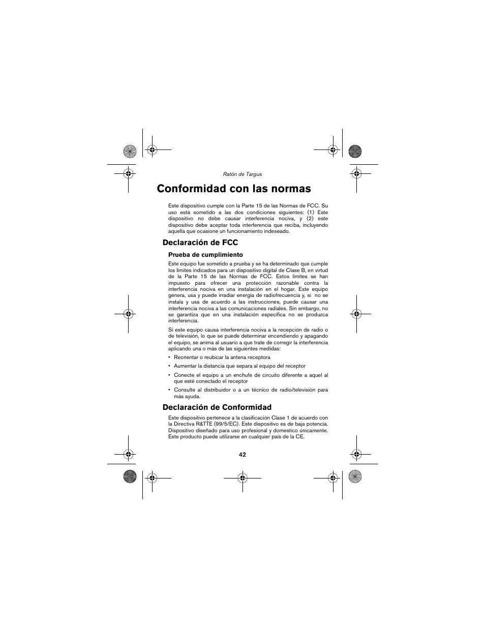 Conformidad con las normas, Declaración de fcc, Declaración de conformidad | Targus wireless mouse User Manual | Page 42 / 94