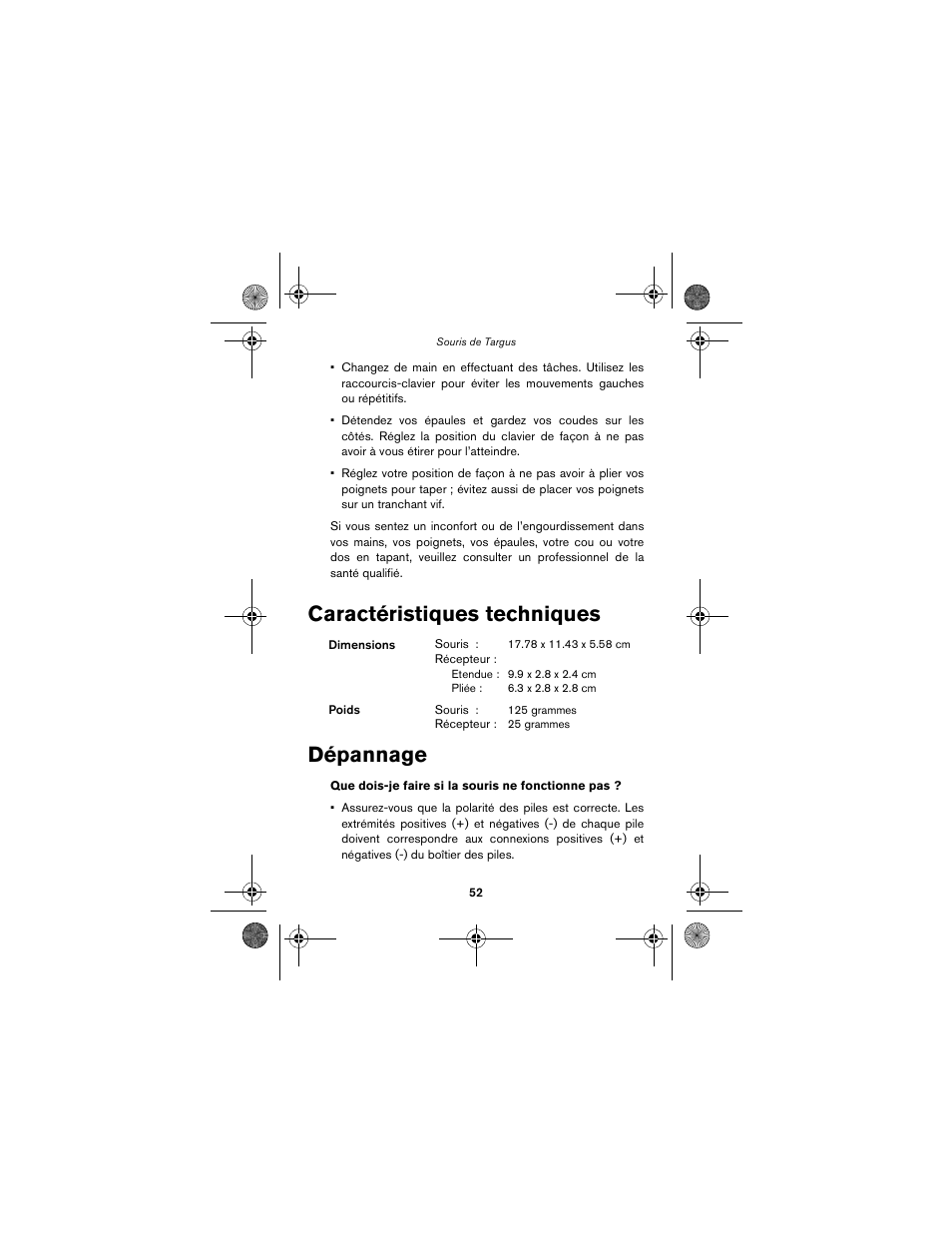 Caractéristiques techniques dépannage | Targus wireless mouse User Manual | Page 52 / 94