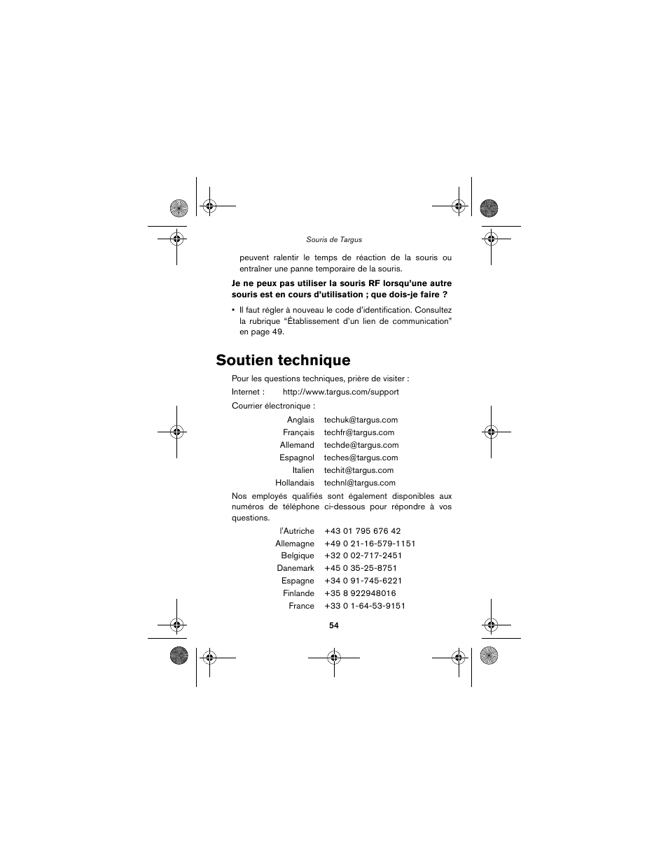 Soutien technique | Targus wireless mouse User Manual | Page 54 / 94