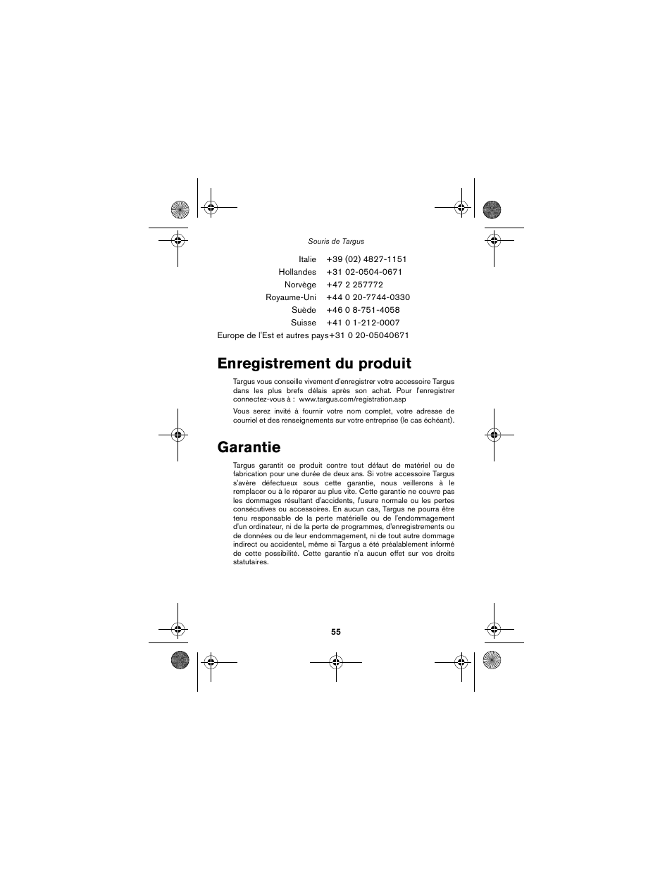 Enregistrement du produit garantie, Enregistrement du produit, Garantie | Targus wireless mouse User Manual | Page 55 / 94