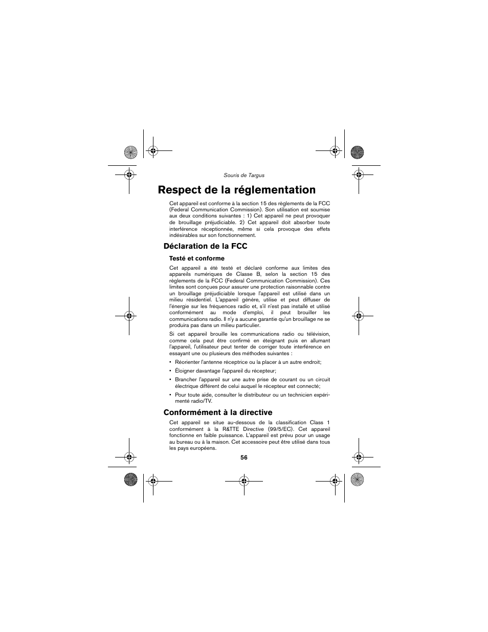 Respect de la réglementation, Déclaration de la fcc, Conformément à la directive | Targus wireless mouse User Manual | Page 56 / 94
