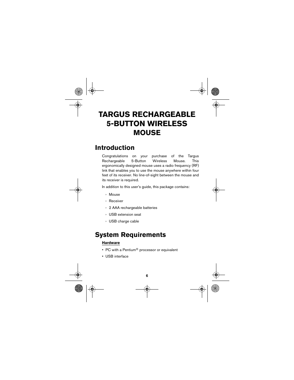 System requirements, Targus rechargeable 5-button wireless, Mouse | Introduction | Targus wireless mouse User Manual | Page 6 / 94