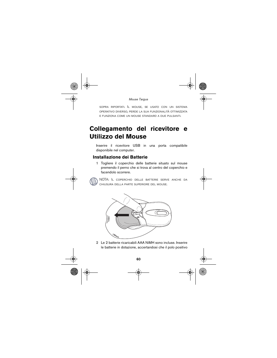 Collegamento del ricevitore e utilizzo del mouse60, Collegamento del ricevitore e utilizzo del mouse | Targus wireless mouse User Manual | Page 60 / 94