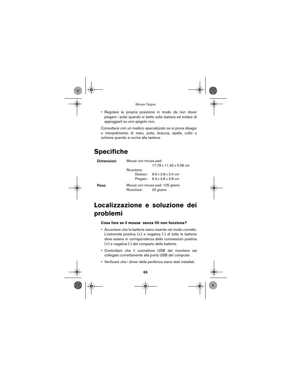 Specifiche localizzazione e soluzione dei problemi | Targus wireless mouse User Manual | Page 66 / 94