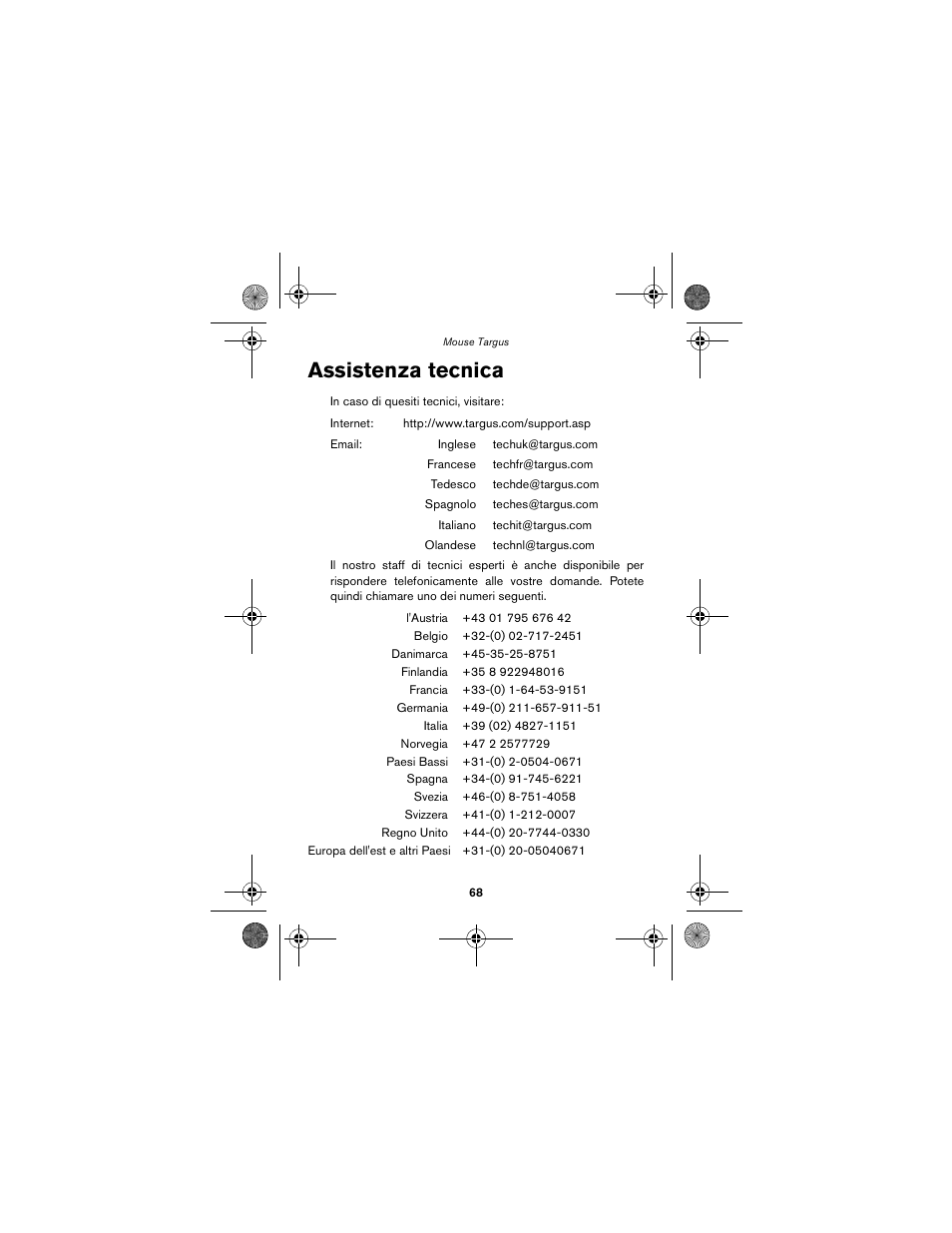 Assistenza tecnica | Targus wireless mouse User Manual | Page 68 / 94