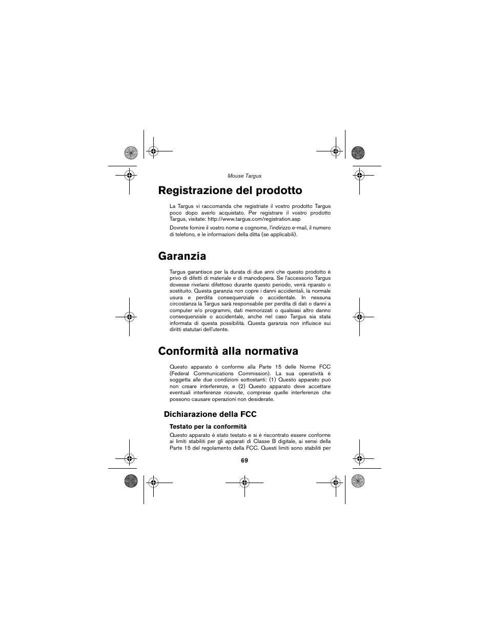Registrazione del prodotto, Garanzia, Conformità alla normativa | Targus wireless mouse User Manual | Page 69 / 94