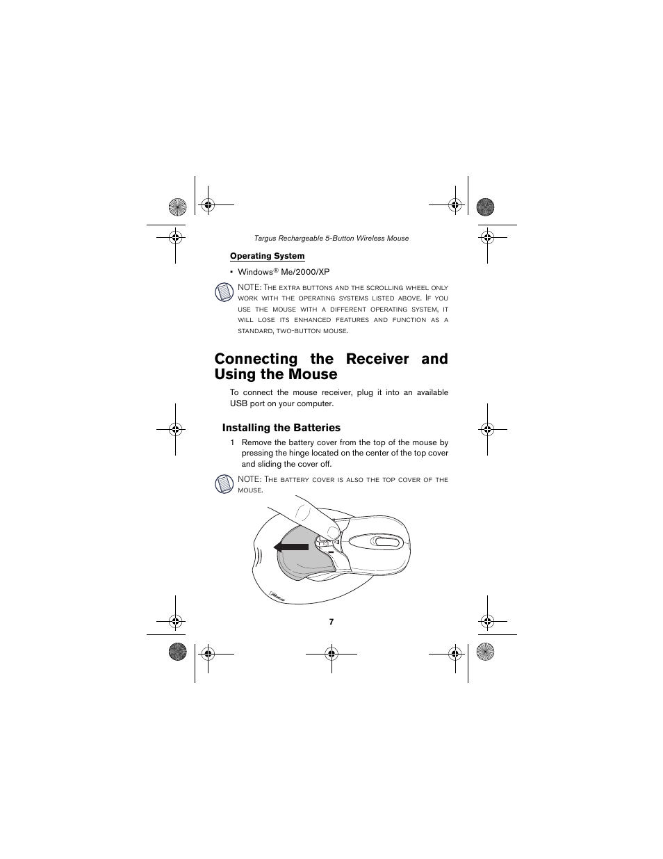 Connecting the receiver and using the mouse | Targus wireless mouse User Manual | Page 7 / 94