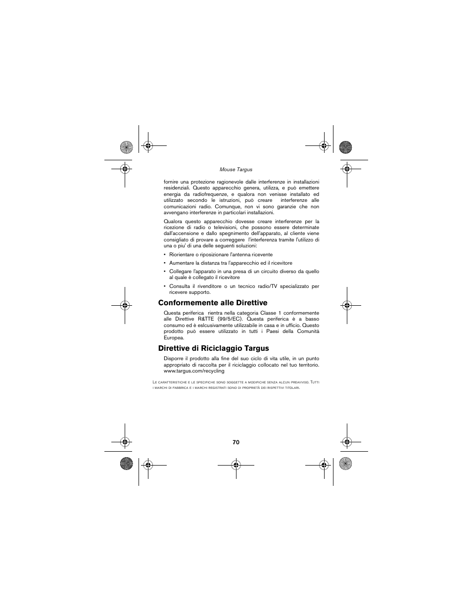 Conformemente alle direttive, Direttive di riciclaggio targus | Targus wireless mouse User Manual | Page 70 / 94