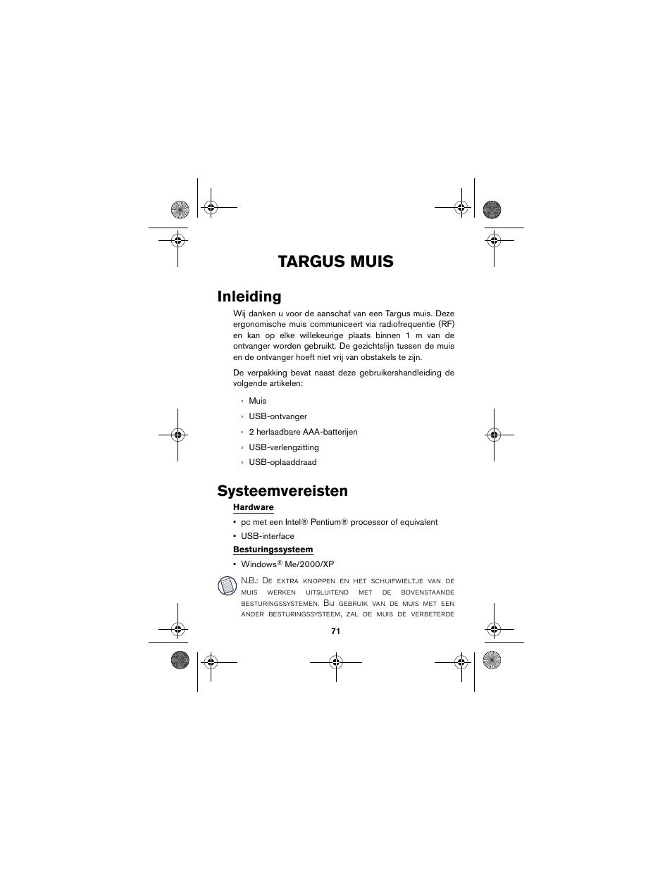 Systeemvereisten, Targus muis, Inleiding | Targus wireless mouse User Manual | Page 71 / 94
