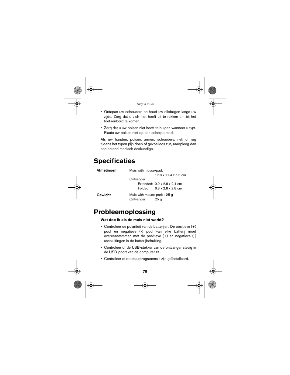Specificaties probleemoplossing | Targus wireless mouse User Manual | Page 78 / 94