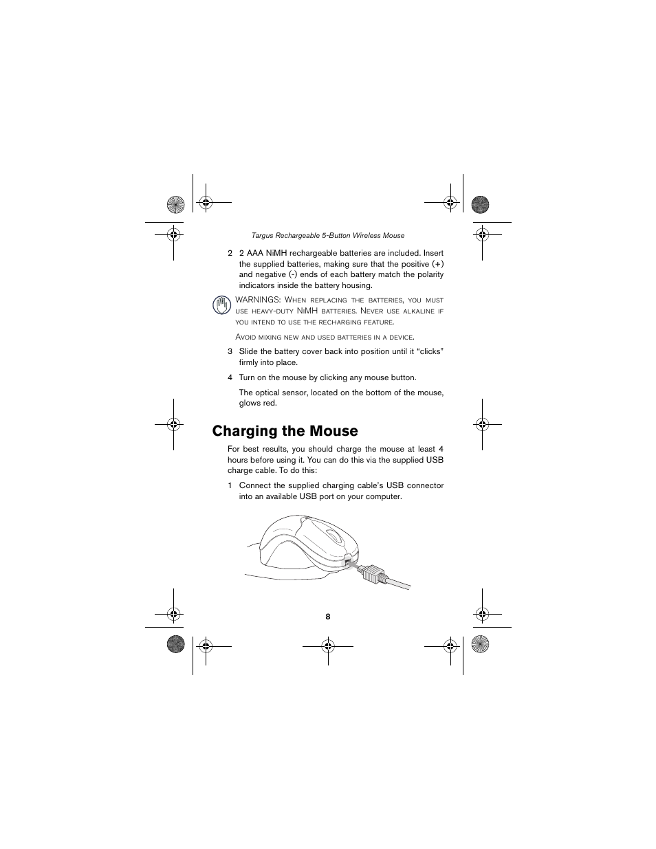 Charging the mouse | Targus wireless mouse User Manual | Page 8 / 94
