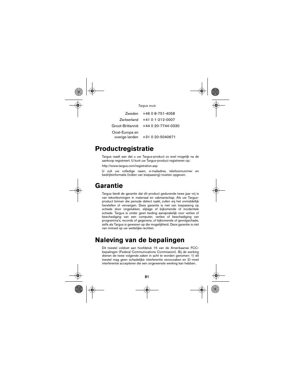 Productregistratie, Garantie, Naleving van de bepalingen | Targus wireless mouse User Manual | Page 81 / 94