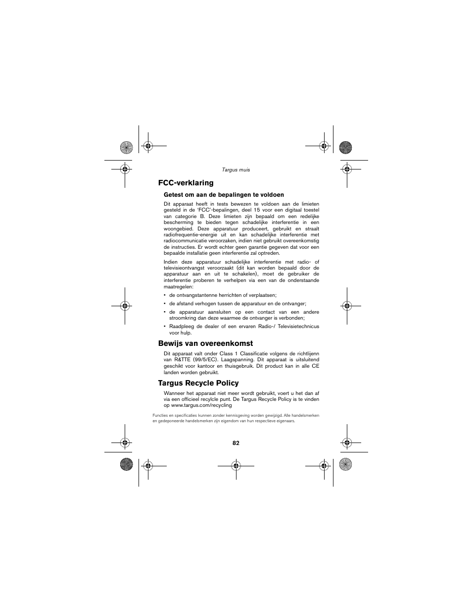 Fcc-verklaring, Bewijs van overeenkomst, Targus recycle policy | Targus wireless mouse User Manual | Page 82 / 94