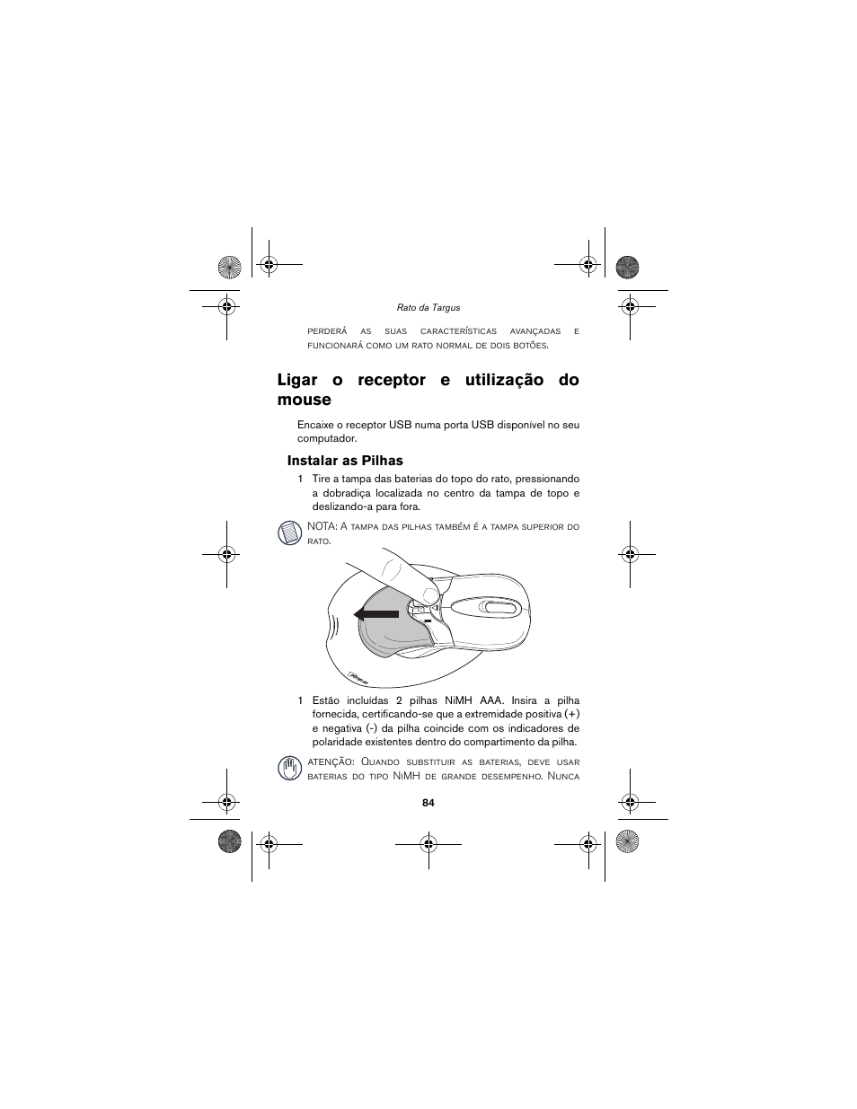 Ligar o receptor e utilização do mouse | Targus wireless mouse User Manual | Page 84 / 94