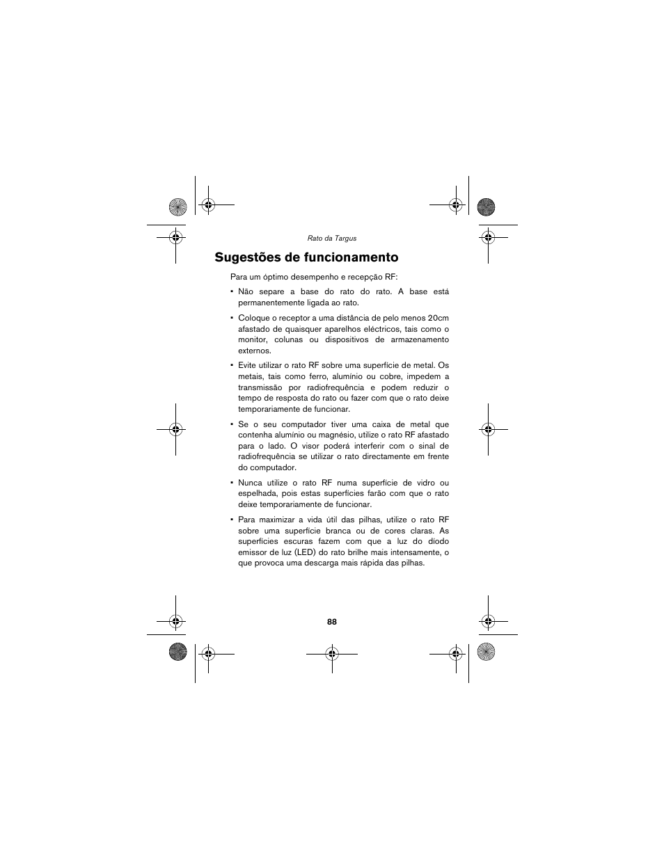Sugestões de funcionamento | Targus wireless mouse User Manual | Page 88 / 94