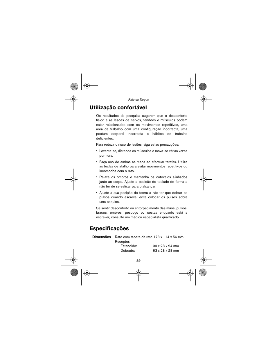 Utilização confortável especificações, Utilização confortável, Especificações | Targus wireless mouse User Manual | Page 89 / 94