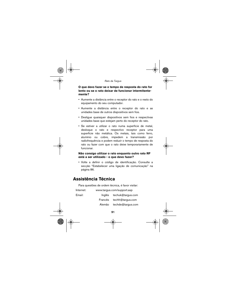 Assistência técnica | Targus wireless mouse User Manual | Page 91 / 94