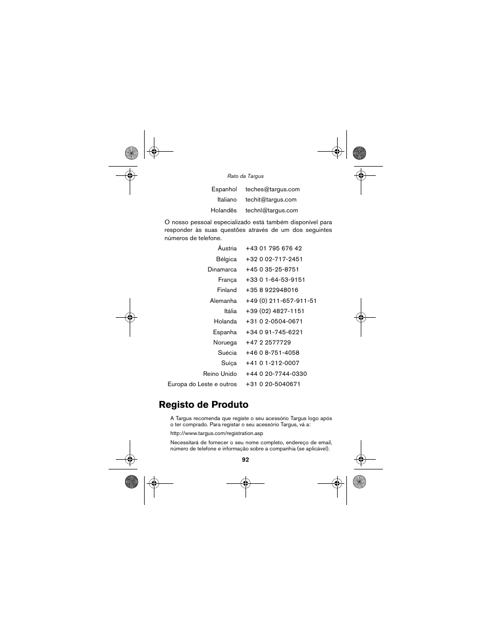 Registo de produto | Targus wireless mouse User Manual | Page 92 / 94