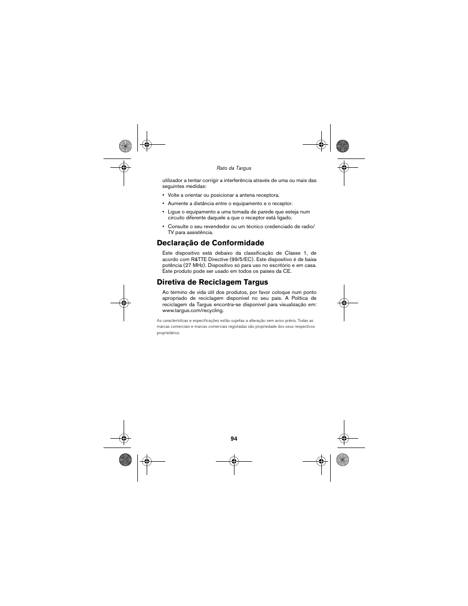 Declaração de conformidade, Diretiva de reciclagem targus | Targus wireless mouse User Manual | Page 94 / 94
