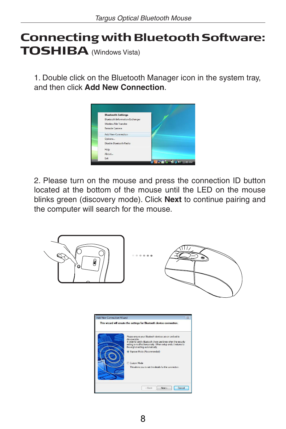 Toshiba, Connecting with, Bluetooth software | Targus AMB04 User Manual | Page 9 / 17