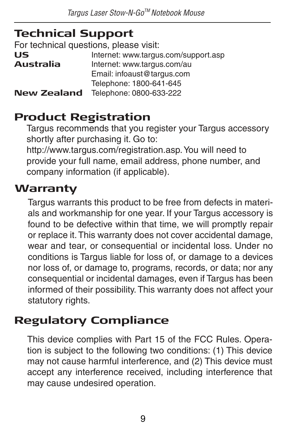 Technical support, Product registration, Regulatory compliance | Warranty | Targus LASER STOW N GO NOTEBOOK MOUSE AMU41US User Manual | Page 10 / 11