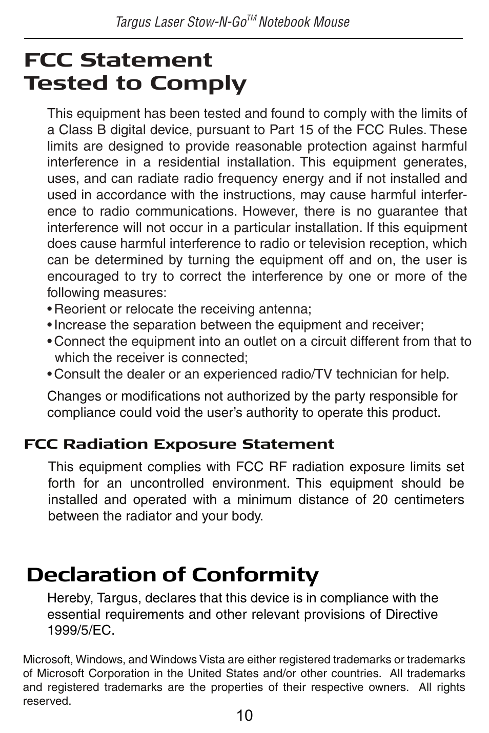 Fcc statement tested to comply, Declaration of conformity | Targus LASER STOW N GO NOTEBOOK MOUSE AMU41US User Manual | Page 11 / 11