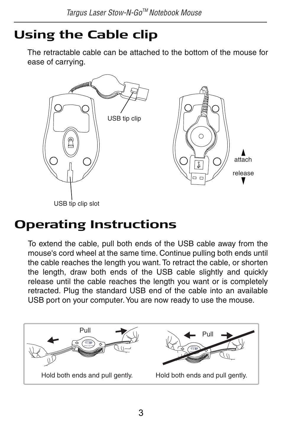 Using the cable clip, Operating instructions | Targus LASER STOW N GO NOTEBOOK MOUSE AMU41US User Manual | Page 4 / 11