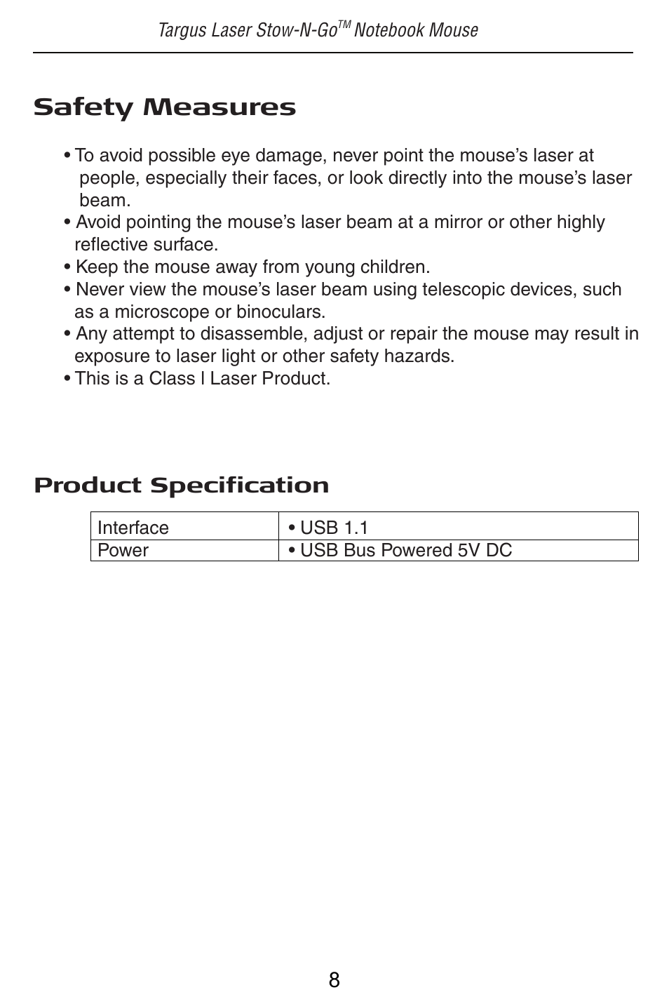 Safety measures | Targus LASER STOW N GO NOTEBOOK MOUSE AMU41US User Manual | Page 9 / 11