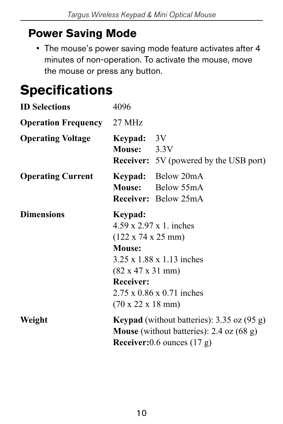 Specifications, Power saving mode | Targus Wireless Keypad & Mini Optical Mouse User Manual | Page 10 / 15
