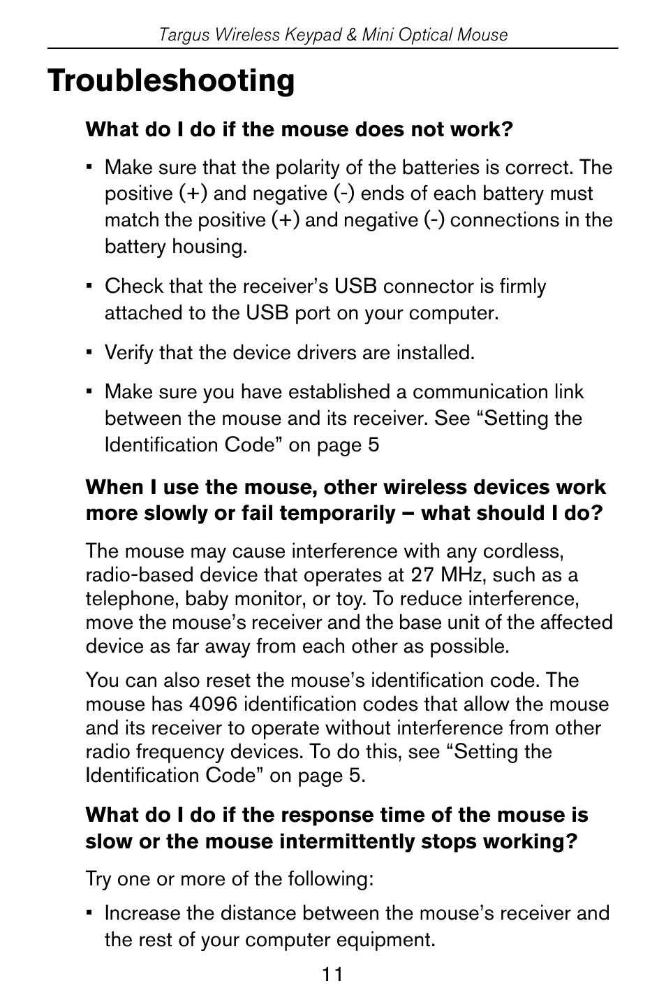 Troubleshooting | Targus Wireless Keypad & Mini Optical Mouse User Manual | Page 11 / 15