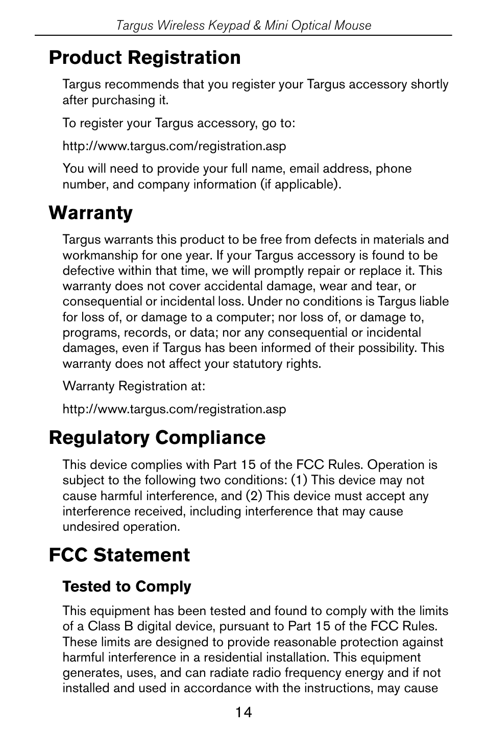 Product registration, Warranty, Regulatory compliance | Fcc statement | Targus Wireless Keypad & Mini Optical Mouse User Manual | Page 14 / 15