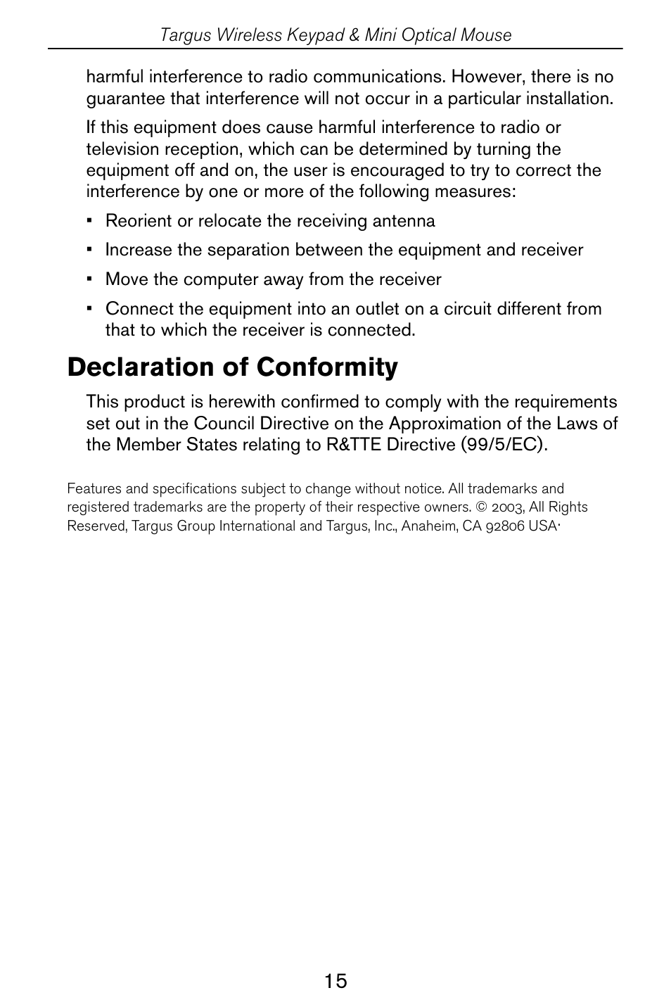 Declaration of conformity | Targus Wireless Keypad & Mini Optical Mouse User Manual | Page 15 / 15
