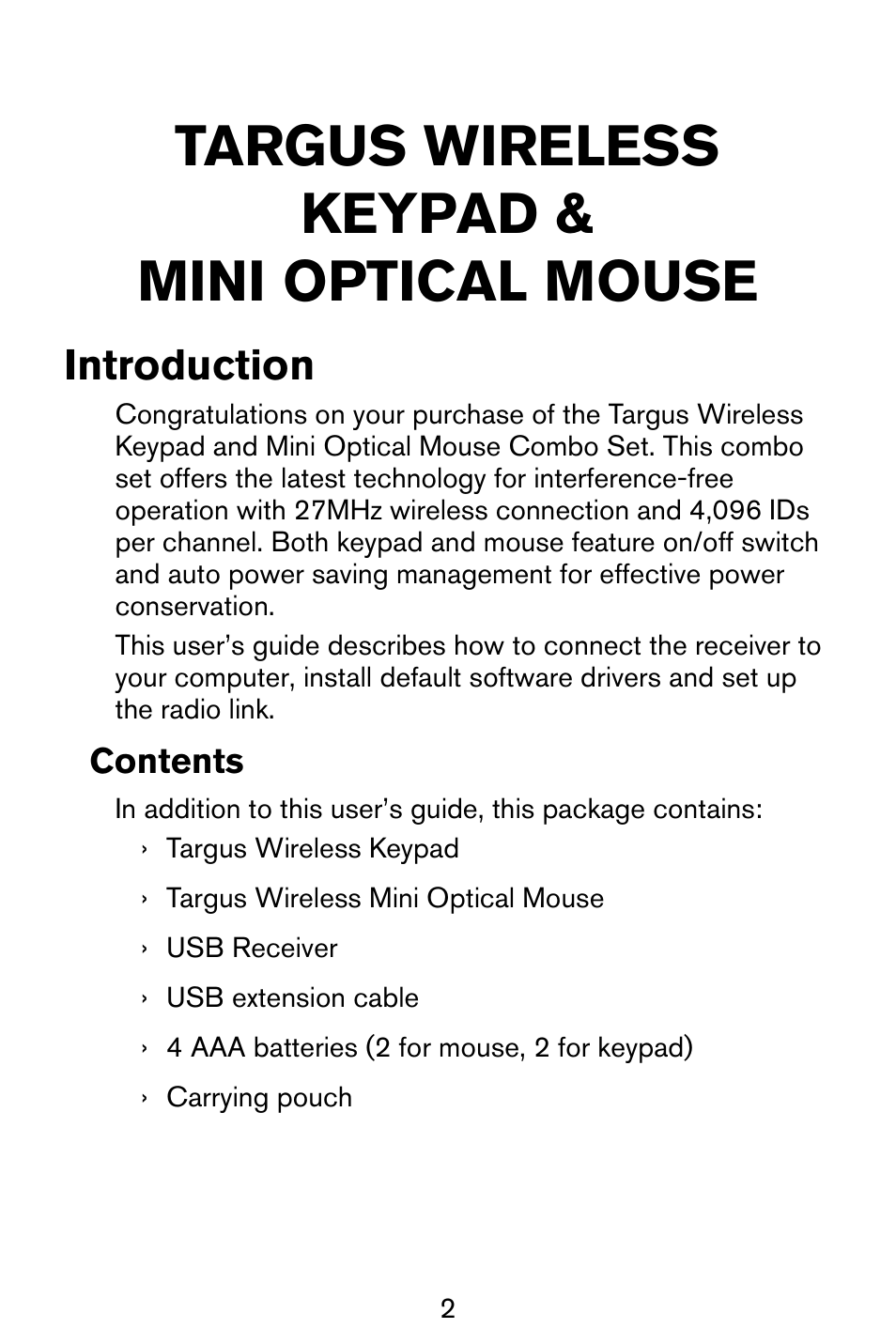 Targus wireless keypad & mini optical mouse, Introduction | Targus Wireless Keypad & Mini Optical Mouse User Manual | Page 2 / 15